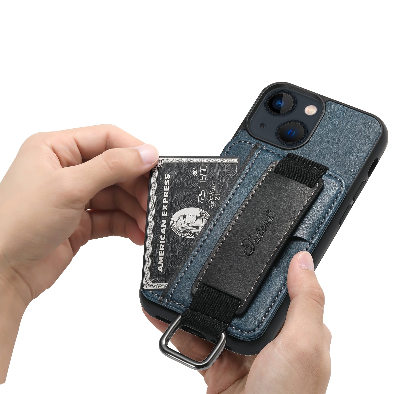 ELECTROPRIME For iPhone 15 Suteni H13 Card Wallet Wrist Strap Holder PU Phone Case(Blue)