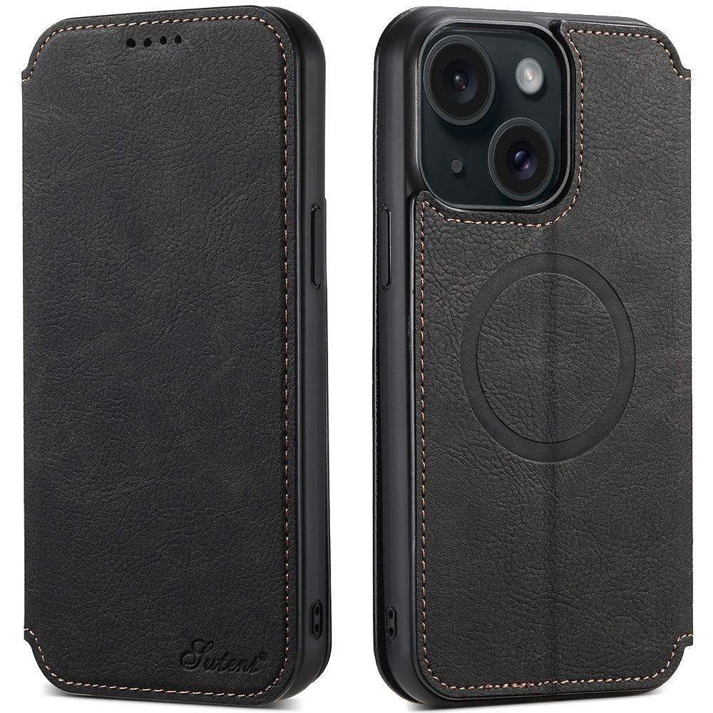 ELECTROPRIME For iPhone 15 Suteni J06 Retro Matte Litchi Texture Leather MagSafe Phone Case(Black)