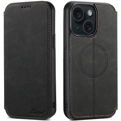 ELECTROPRIME For iPhone 15 Suteni J06 Retro Matte Litchi Texture Leather MagSafe Phone Case(Black)