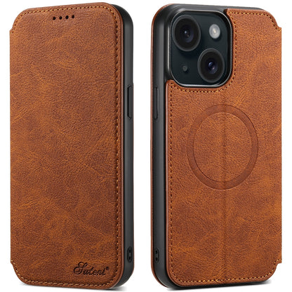ELECTROPRIME For iPhone 15 Suteni J06 Retro Matte Litchi Texture Leather MagSafe Phone Case(Khaki)