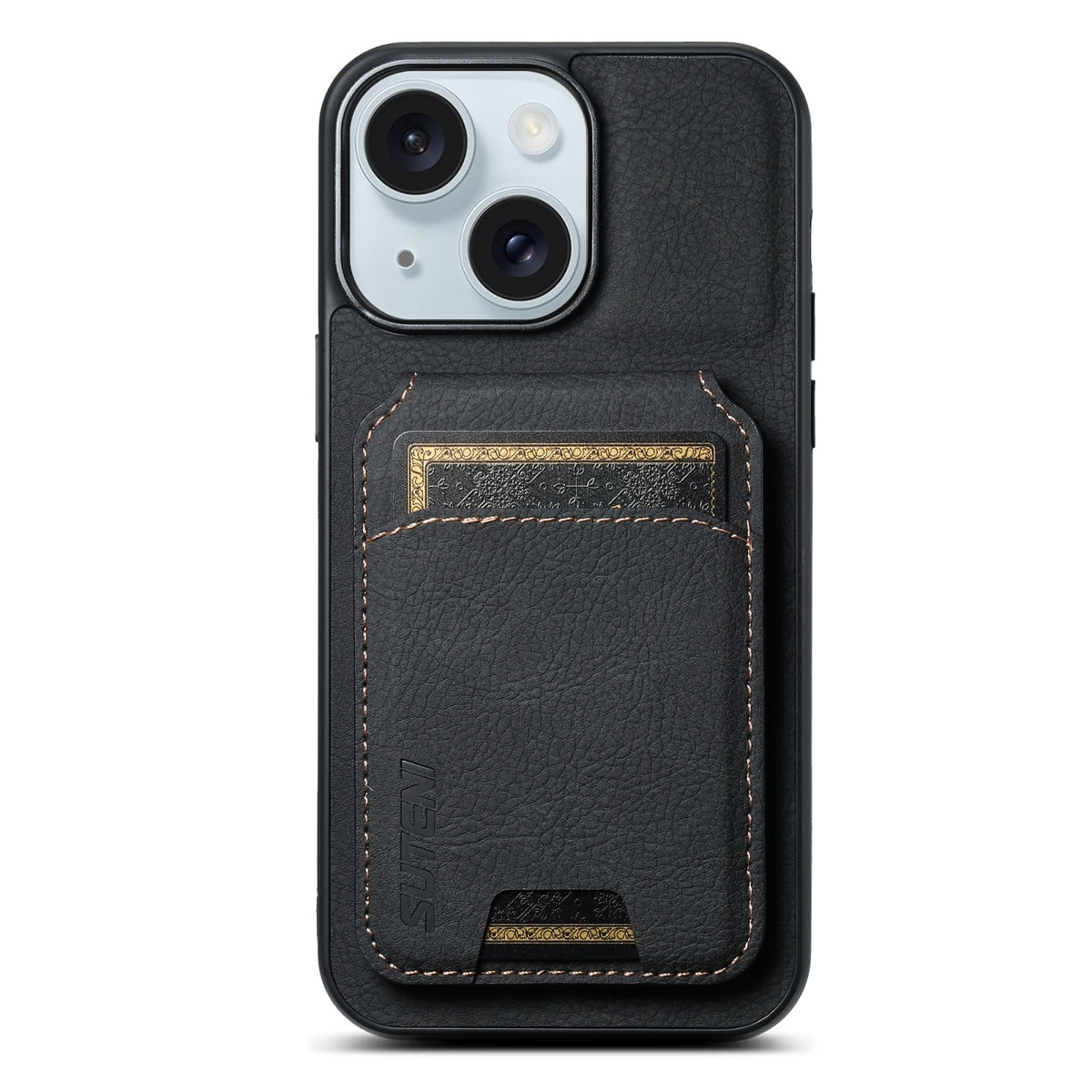 ELECTROPRIME For iPhone 15 Suteni H02 Litchi Leather Card Wallet Stand Back Phone Case(Black)