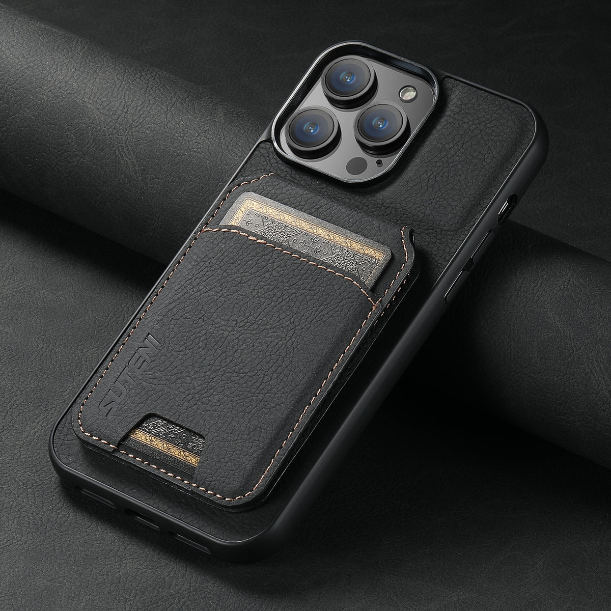 ELECTROPRIME For iPhone 15 Suteni H02 Litchi Leather Card Wallet Stand Back Phone Case(Black)
