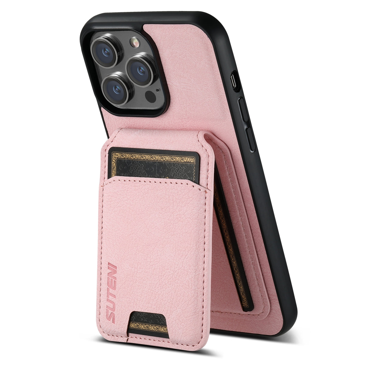 ELECTROPRIME For iPhone 15 Suteni H02 Litchi Leather Card Wallet Stand Back Phone Case(Pink)