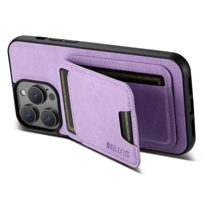 ELECTROPRIME For iPhone 15 Suteni H02 Litchi Leather Card Wallet Stand Back Phone Case(Purple)