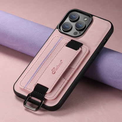 ELECTROPRIME For iPhone 15 Suteni H13 Litchi Leather Wrist Strap Wallet Back Phone Case(Pink)