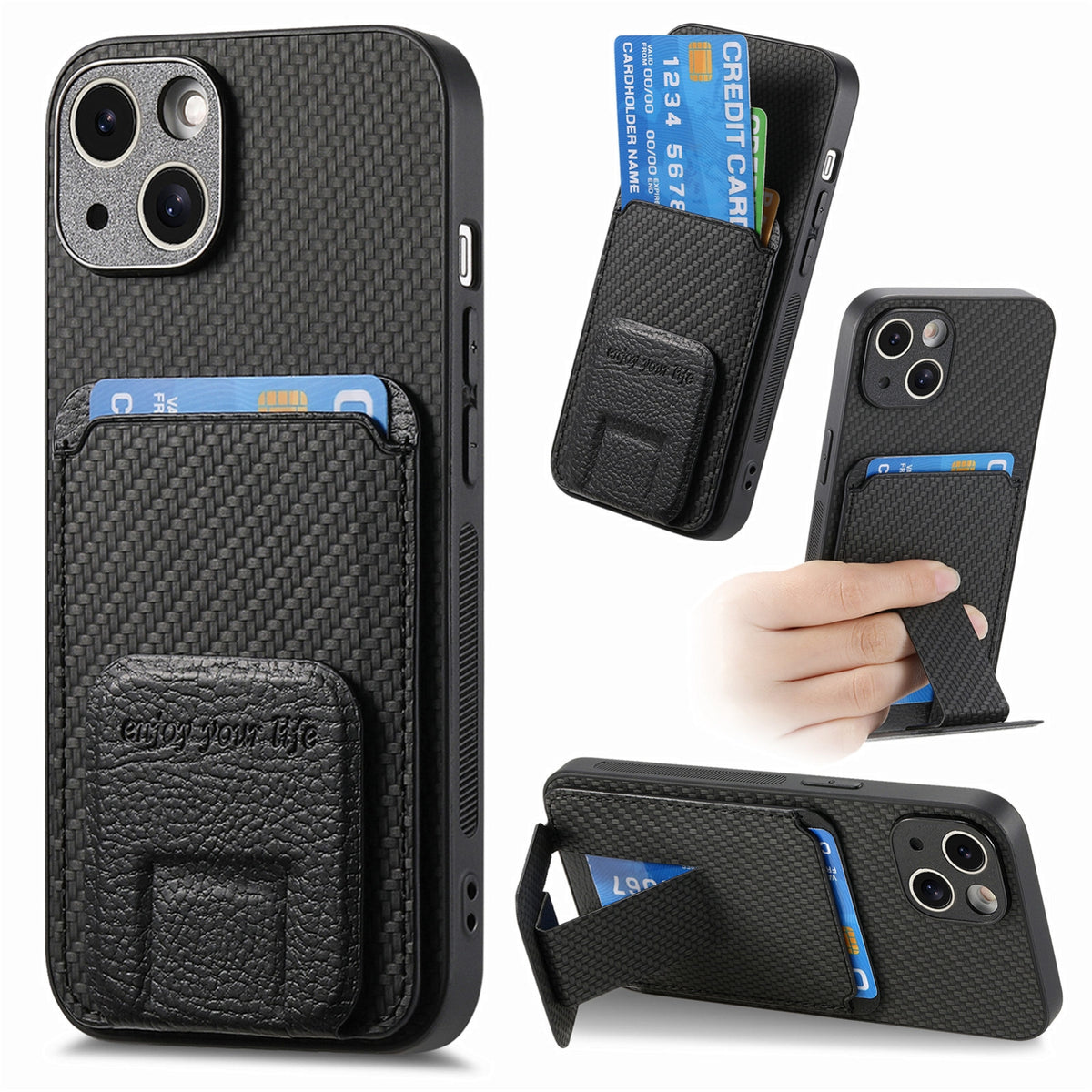 ELECTROPRIME For iPhone 15 Plus Carbon Fiber Card Bag Fold Stand Phone Case(Black)