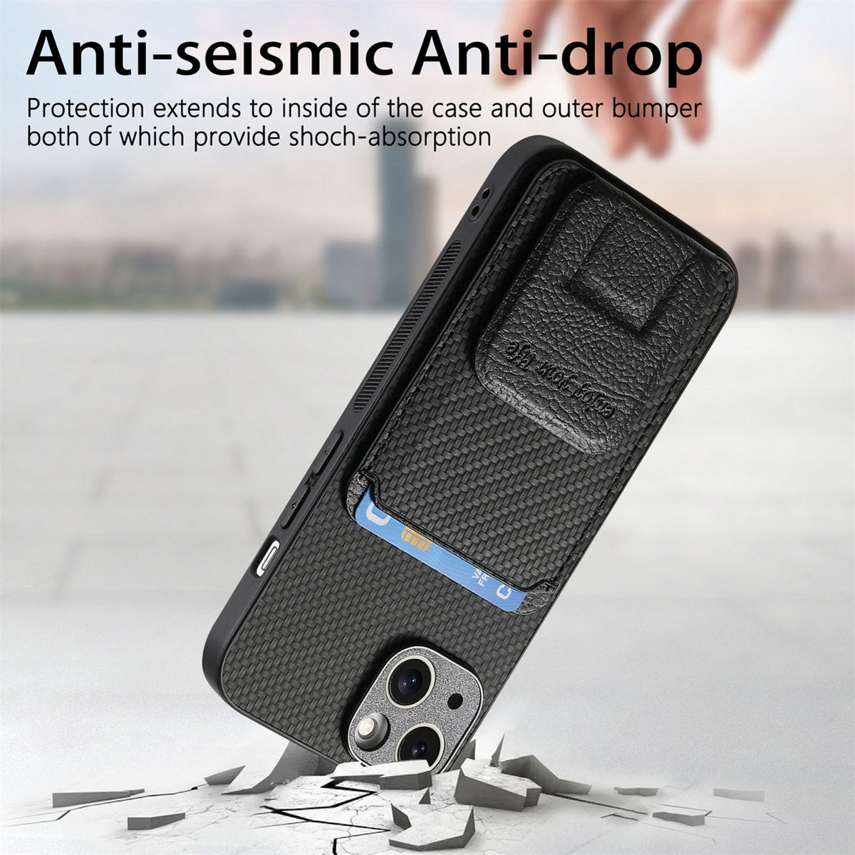 ELECTROPRIME For iPhone 15 Plus Carbon Fiber Card Bag Fold Stand Phone Case(Black)