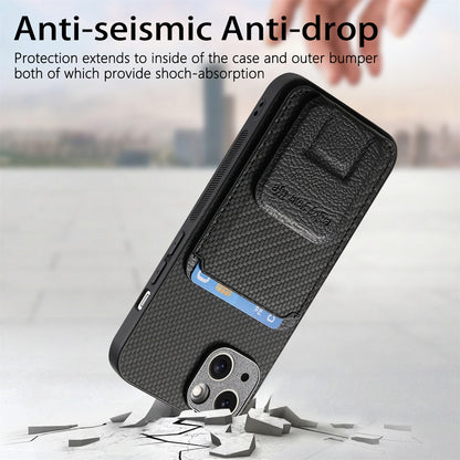 ELECTROPRIME For iPhone 15 Plus Carbon Fiber Card Bag Fold Stand Phone Case(Black)