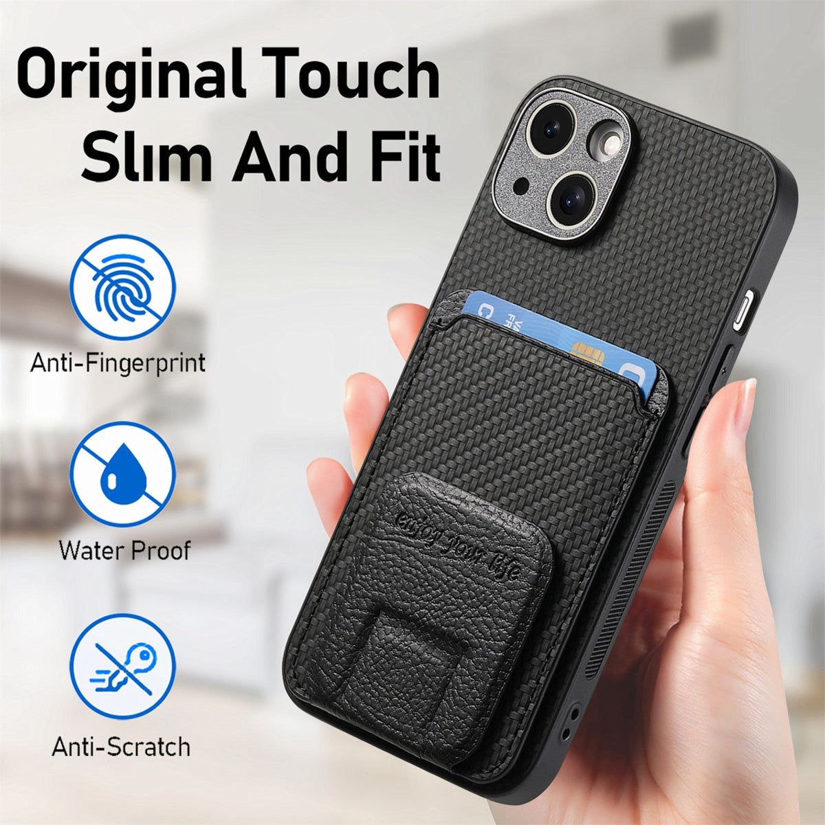 ELECTROPRIME For iPhone 15 Plus Carbon Fiber Card Bag Fold Stand Phone Case(Black)