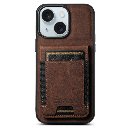 ELECTROPRIME For iPhone 15 Plus Suteni H03 Litchi Leather Card Bag Stand Back Phone Case(Brown)