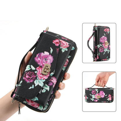 ELECTROPRIME For iPhone 15 Flower Multi-functional Crossbody Zipper Wallet MagSafe Leather Phone Case(Black)