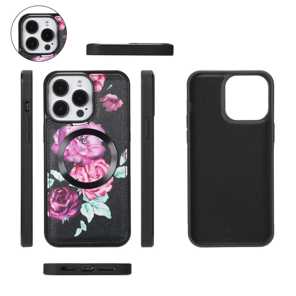 ELECTROPRIME For iPhone 15 Flower Multi-functional Crossbody Zipper Wallet MagSafe Leather Phone Case(Black)