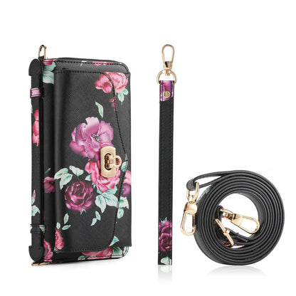 ELECTROPRIME For iPhone 15 Flower Multi-functional Crossbody Zipper Wallet MagSafe Leather Phone Case(Black)