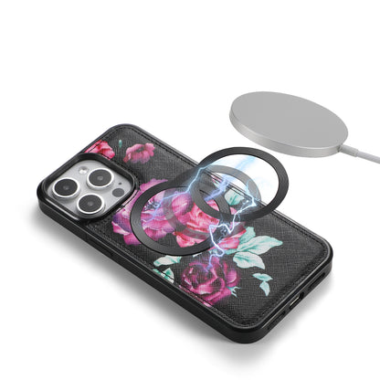 ELECTROPRIME For iPhone 15 Flower Multi-functional Crossbody Zipper Wallet MagSafe Leather Phone Case(Black)