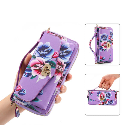 ELECTROPRIME For iPhone 15 Flower Multi-functional Crossbody Zipper Wallet MagSafe Leather Phone Case(Purple)