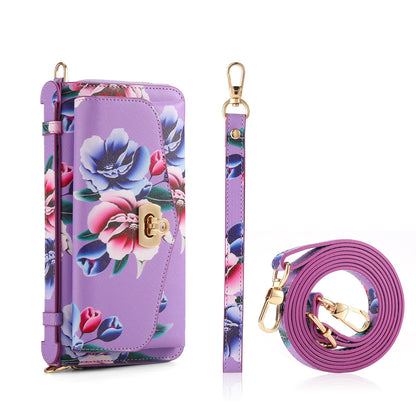 ELECTROPRIME For iPhone 15 Flower Multi-functional Crossbody Zipper Wallet MagSafe Leather Phone Case(Purple)
