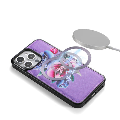 ELECTROPRIME For iPhone 15 Flower Multi-functional Crossbody Zipper Wallet MagSafe Leather Phone Case(Purple)