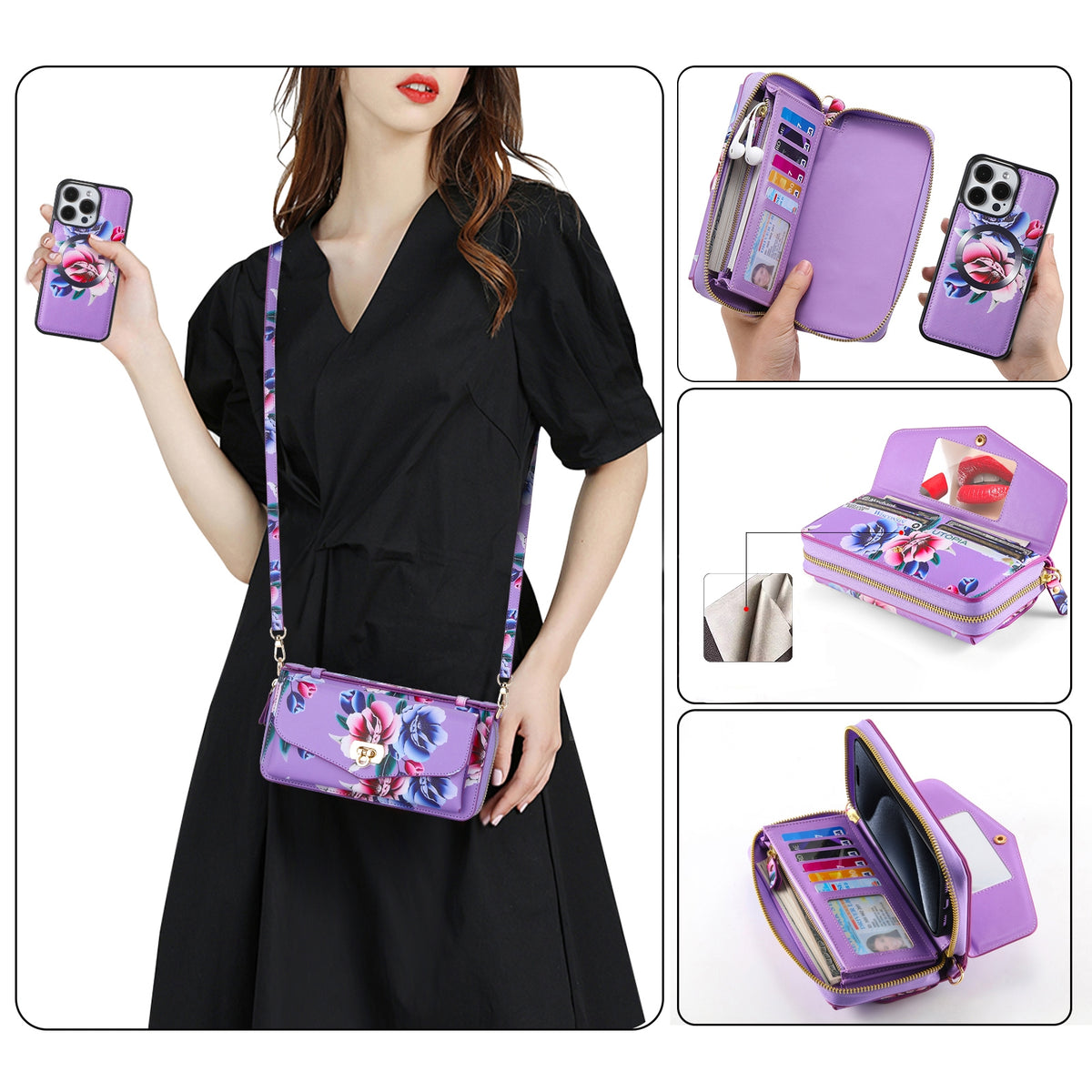 ELECTROPRIME For iPhone 15 Flower Multi-functional Crossbody Zipper Wallet MagSafe Leather Phone Case(Purple)