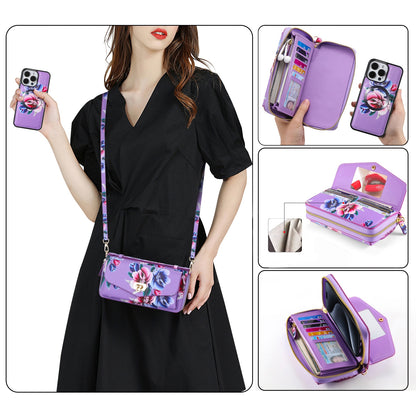 ELECTROPRIME For iPhone 15 Flower Multi-functional Crossbody Zipper Wallet MagSafe Leather Phone Case(Purple)