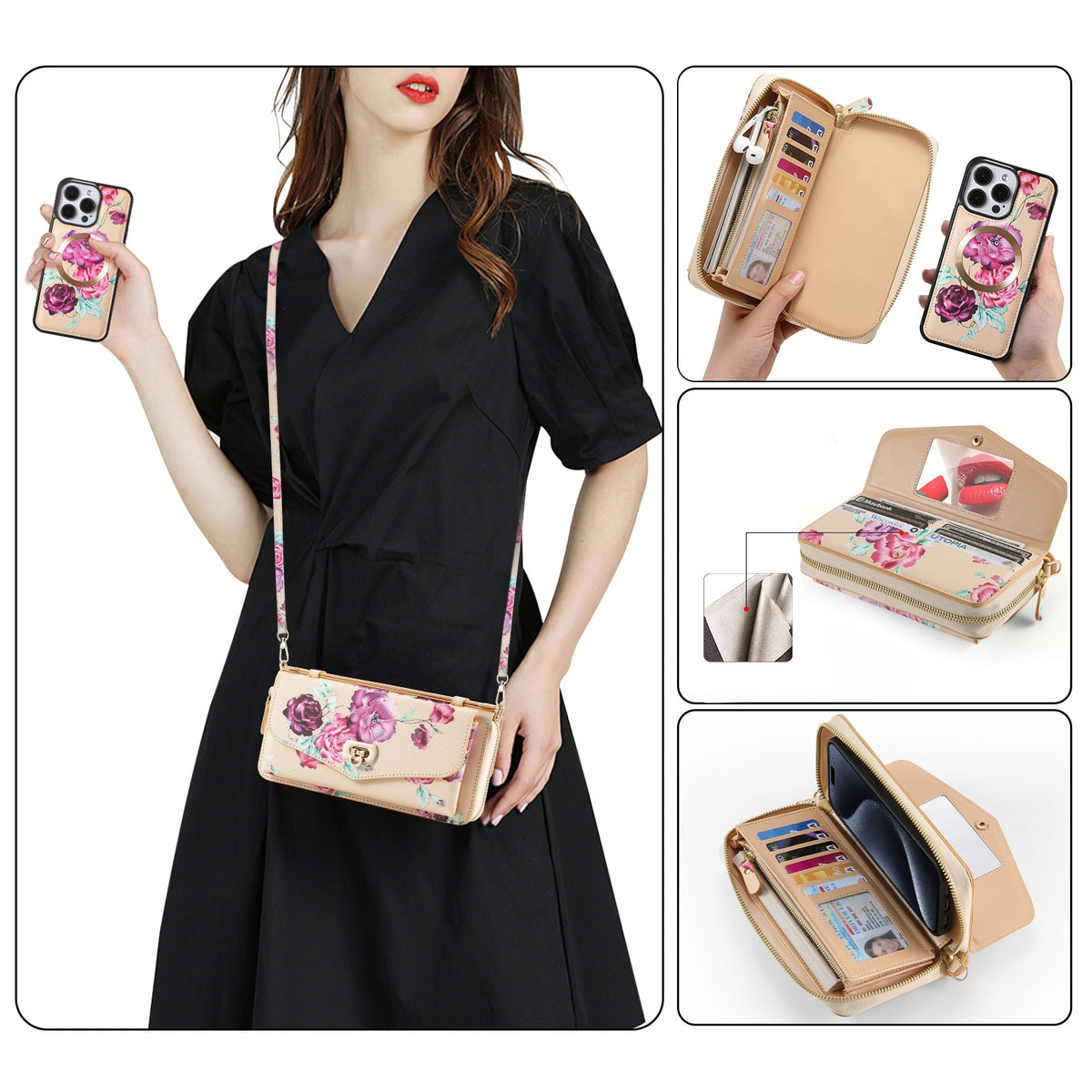 ELECTROPRIME For iPhone 15 Flower Multi-functional Crossbody Zipper Wallet MagSafe Leather Phone Case(Yellow)