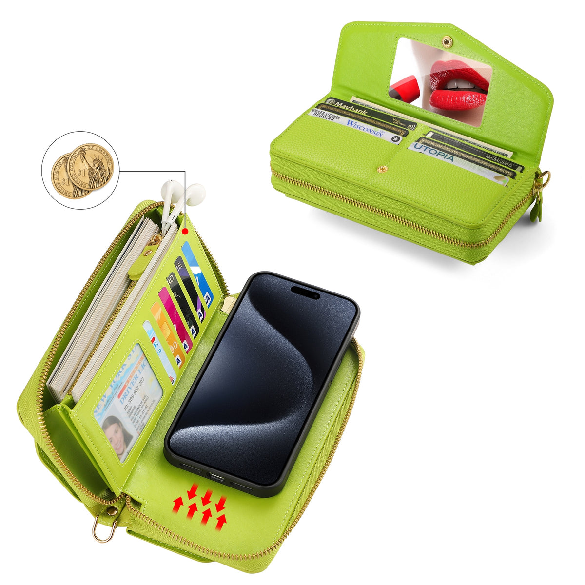 ELECTROPRIME For iPhone 15 Plus MagSafe Crossbody Multi-functional Zipper Wallet Litchi Leather Phone Case(Green)
