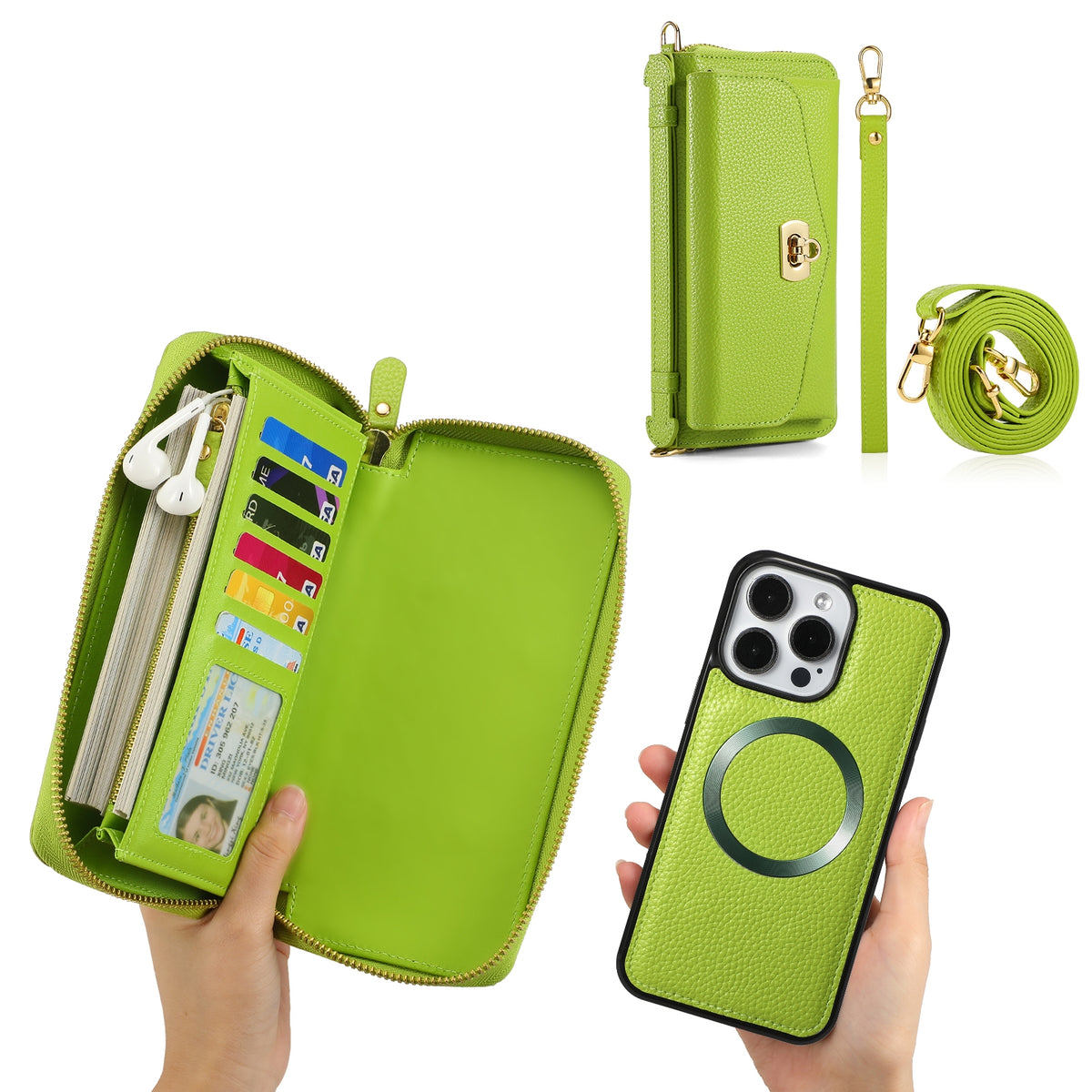 ELECTROPRIME For iPhone 15 Plus MagSafe Crossbody Multi-functional Zipper Wallet Litchi Leather Phone Case(Green)