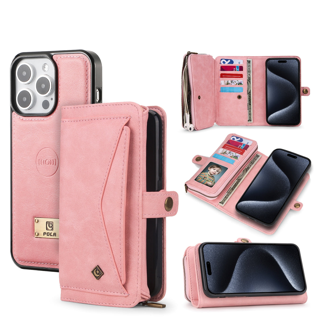 ELECTROPRIME For iPhone 15 Plus Multi-functional Zipper Wallet Leather Phone Case(Pink)