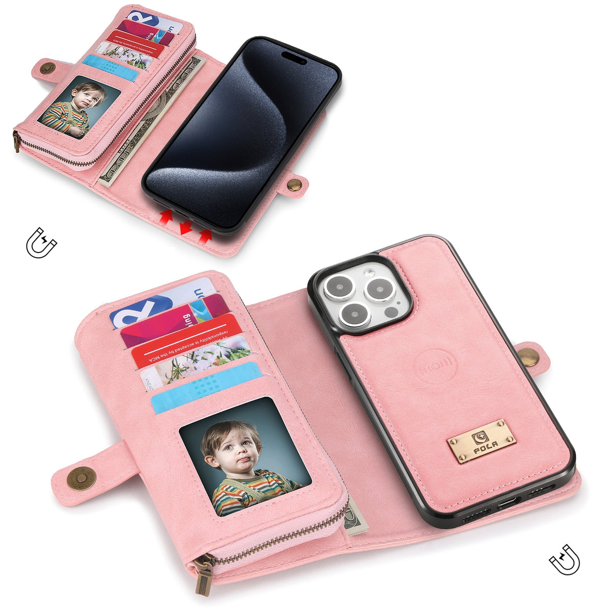 ELECTROPRIME For iPhone 15 Plus Multi-functional Zipper Wallet Leather Phone Case(Pink)