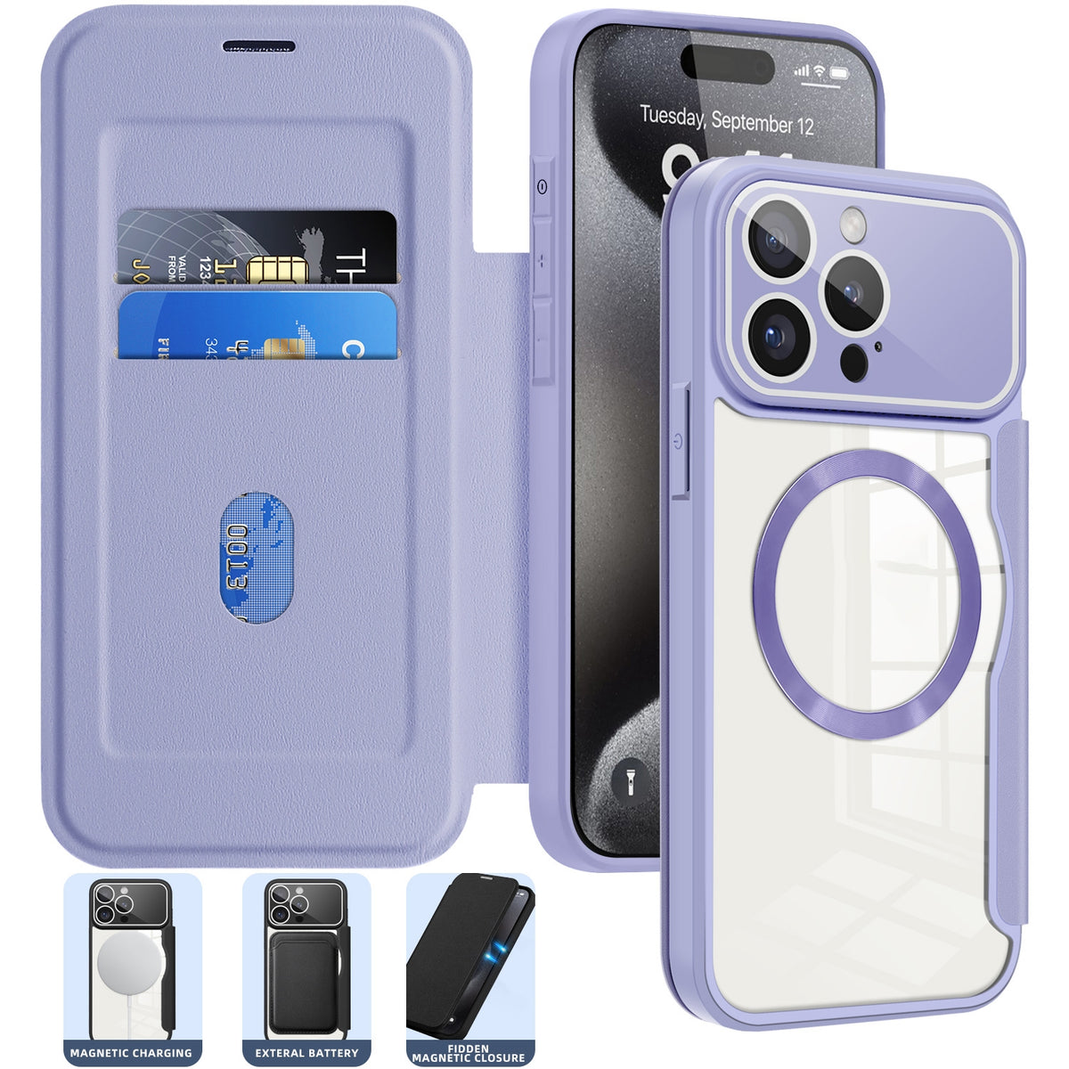 ELECTROPRIME For iPhone 15 Colored Shield MagSafe Magnetic RFID Anti-theft Leather Phone Case(Purple)