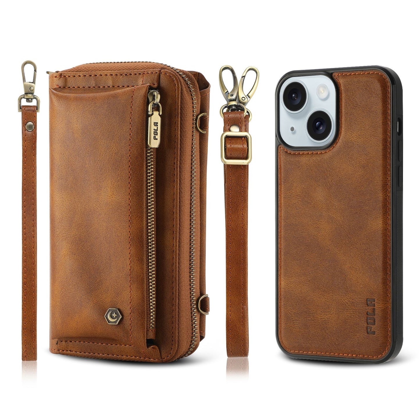 ELECTROPRIME For iPhone 15 Crossbody Multi-functional Zipper Wallet Leather Phone Case(Brown)