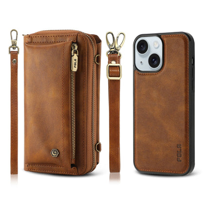 ELECTROPRIME For iPhone 15 Crossbody Multi-functional Zipper Wallet Leather Phone Case(Brown)