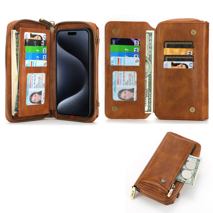 ELECTROPRIME For iPhone 15 Crossbody Multi-functional Zipper Wallet Leather Phone Case(Brown)