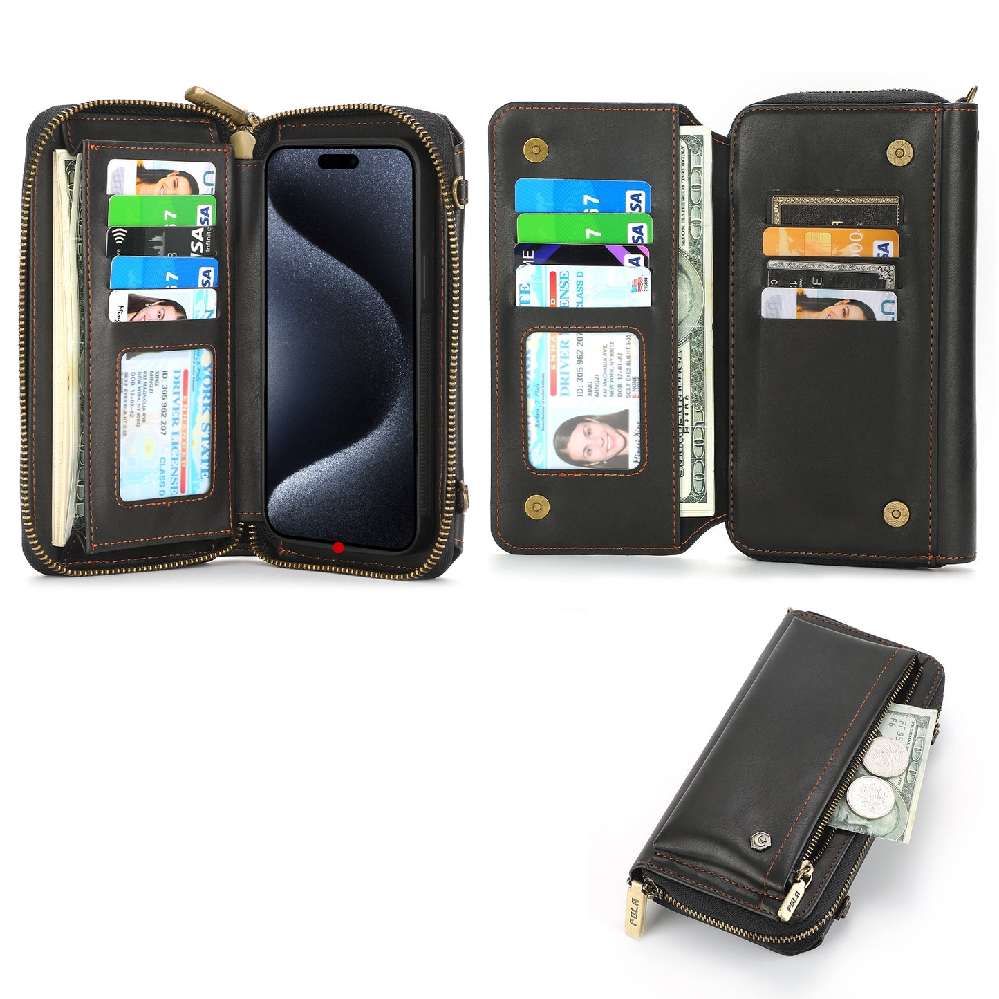 ELECTROPRIME For iPhone 15 Crossbody Multi-functional Zipper Wallet Leather Phone Case(Black)