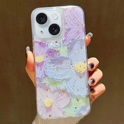 ELECTROPRIME For iPhone 15 Plus Gold Foil Oil Painting Epoxy TPU Phone Case(Blue and Purple Flowers)