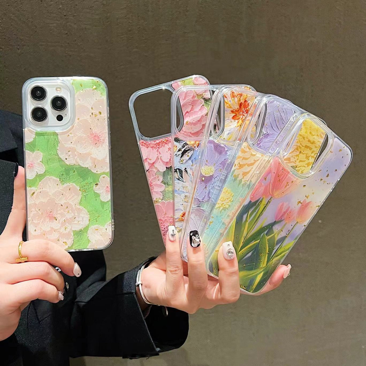 ELECTROPRIME For iPhone 15 Plus Gold Foil Oil Painting Epoxy TPU Phone Case(Blue and Purple Flowers)