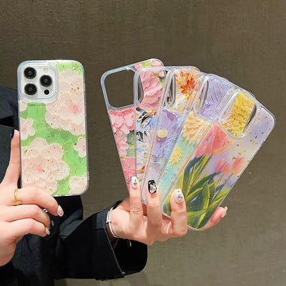 ELECTROPRIME For iPhone 15 Plus Gold Foil Oil Painting Epoxy TPU Phone Case(Blue and Purple Flowers)