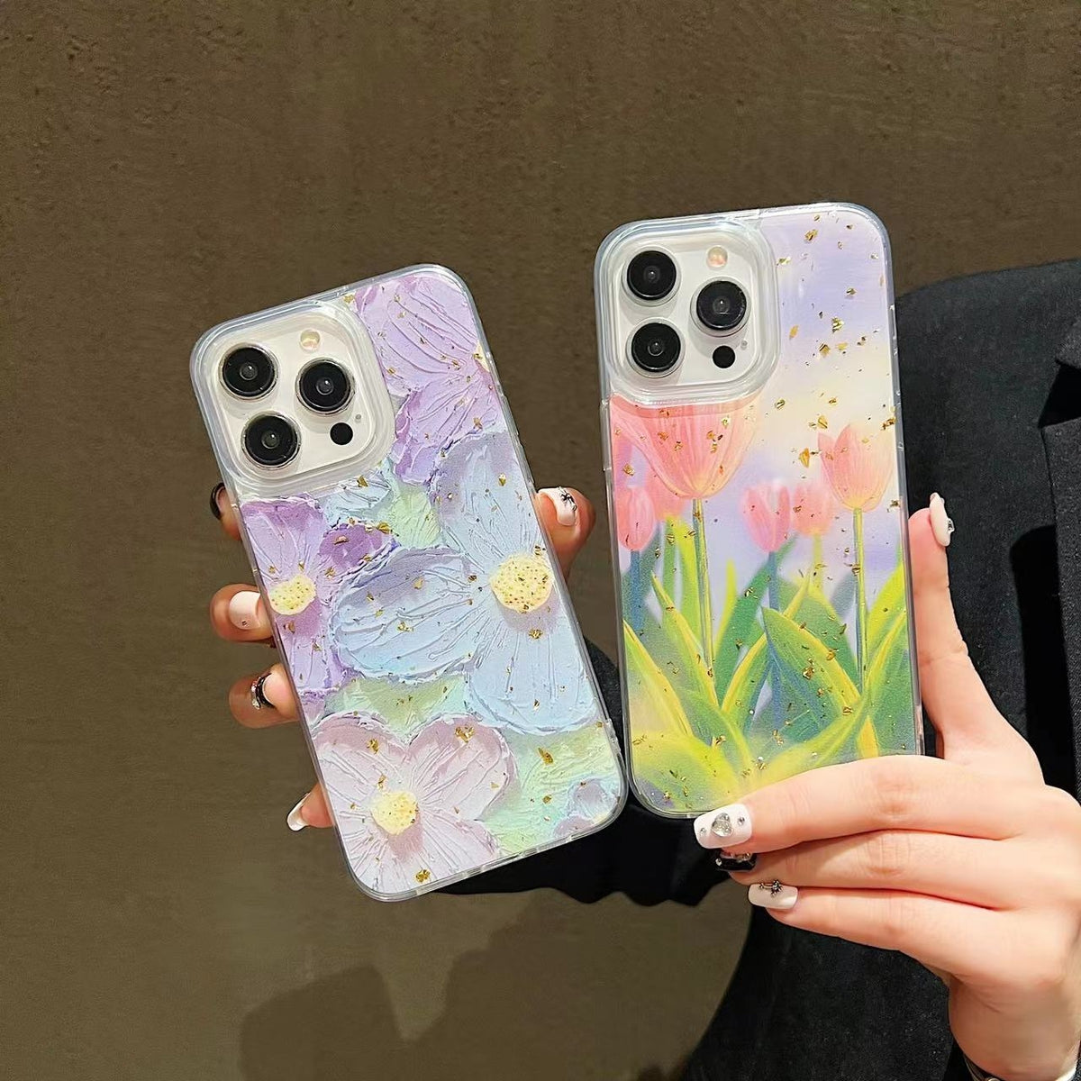 ELECTROPRIME For iPhone 15 Plus Gold Foil Oil Painting Epoxy TPU Phone Case(Blue and Purple Flowers)