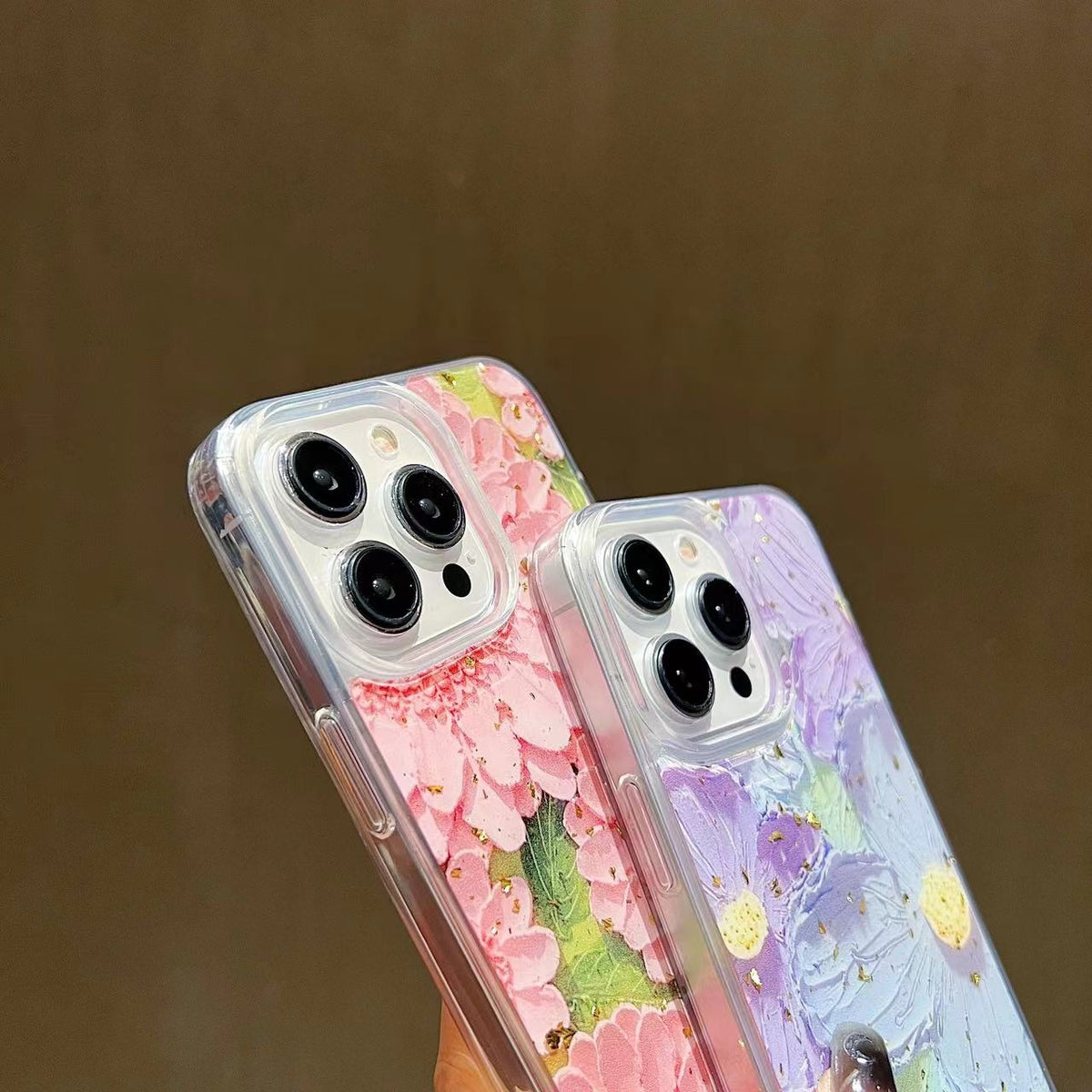 ELECTROPRIME For iPhone 15 Plus Gold Foil Oil Painting Epoxy TPU Phone Case(Blue and Purple Flowers)