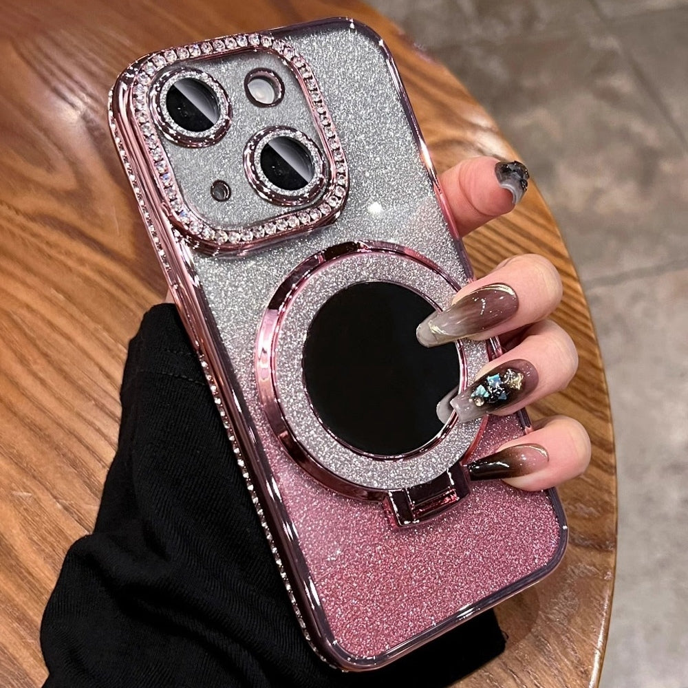 ELECTROPRIME For iPhone 15 Rhinestone Mirror Glitter MagSafe TPU Phone Case(Sakura Pink)
