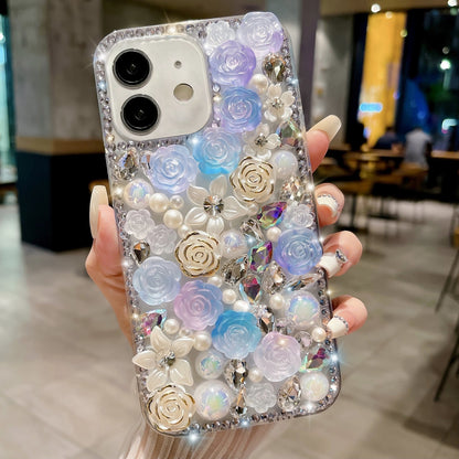 ELECTROPRIME For iPhone 15 Rose Hand-set Pearl Diamond PC Phone Case(Blue)