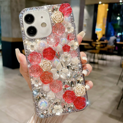 ELECTROPRIME For iPhone 15 Rose Hand-set Pearl Diamond PC Phone Case(Red)