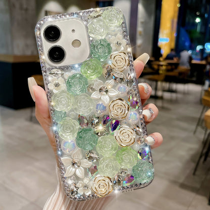 ELECTROPRIME For iPhone 15 Rose Hand-set Pearl Diamond PC Phone Case(Green)