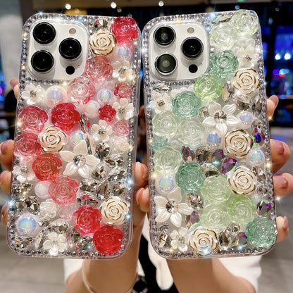 ELECTROPRIME For iPhone 15 Rose Hand-set Pearl Diamond PC Phone Case(Blue)