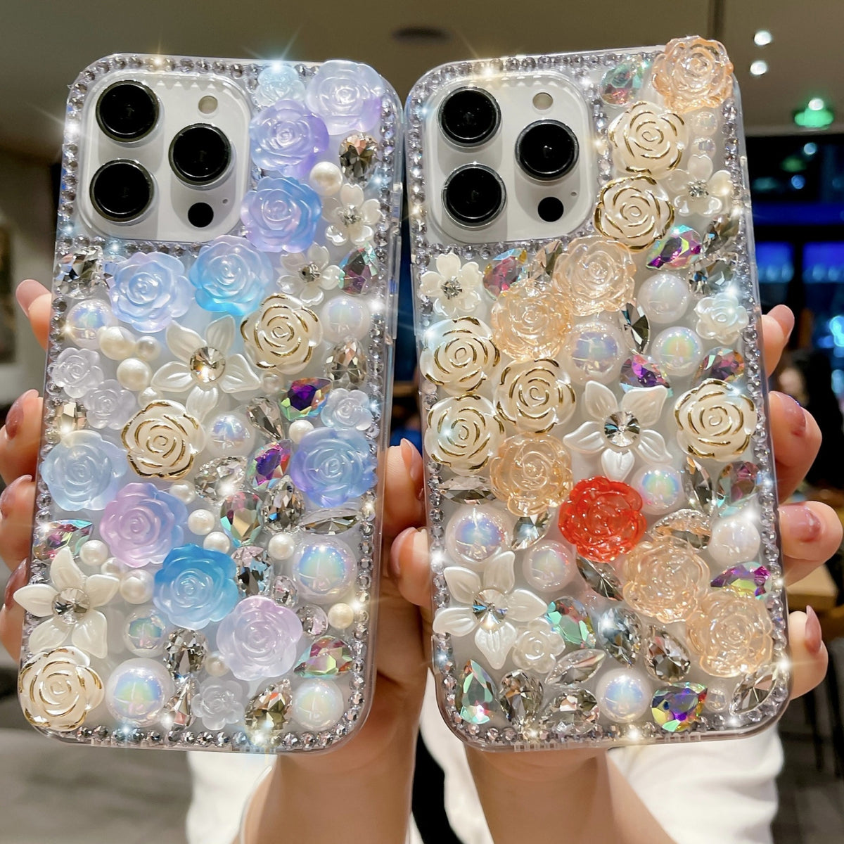 ELECTROPRIME For iPhone 15 Rose Hand-set Pearl Diamond PC Phone Case(Blue)