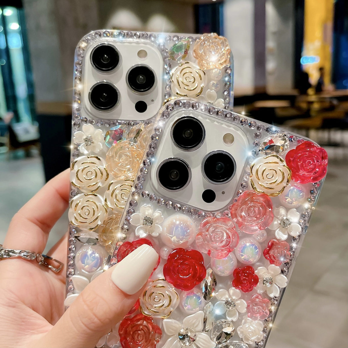 ELECTROPRIME For iPhone 15 Rose Hand-set Pearl Diamond PC Phone Case(Blue)
