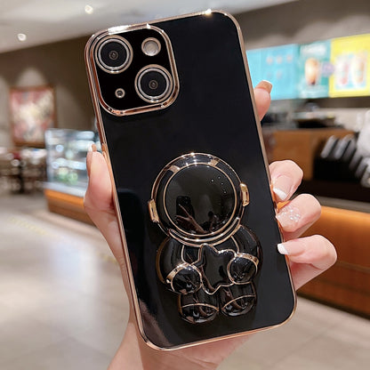 ELECTROPRIME For iPhone 15 Plus Embrace Stars Electroplating Astronaut Holder Phone Case(Black)