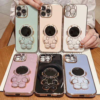 ELECTROPRIME For iPhone 15 Plus Embrace Stars Electroplating Astronaut Holder Phone Case(Black)