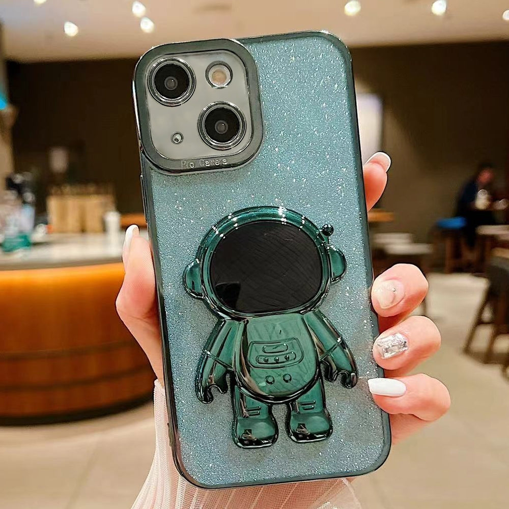 ELECTROPRIME For iPhone 15 Plus Glitter Electroplating Astronaut Holder Phone Case(Green)