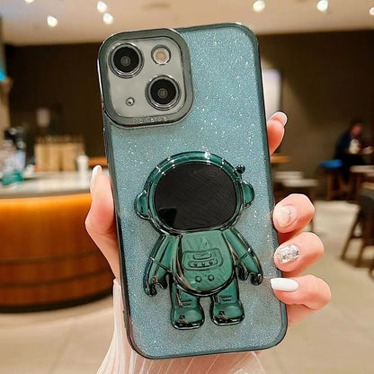 ELECTROPRIME For iPhone 15 Plus Glitter Electroplating Astronaut Holder Phone Case(Green)
