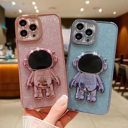 ELECTROPRIME For iPhone 15 Plus Glitter Electroplating Astronaut Holder Phone Case(Green)